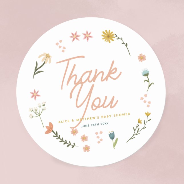 Adesivo Redondo Girls Boho Wildflower Pink Chá de fraldas Favor (Criador carregado)