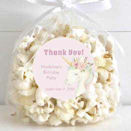 Adesivo Redondo Girls Cute Pink Unicorn Birthday Thank You