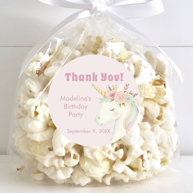 Adesivo Redondo Girls Cute Pink Unicorn Birthday Thank You (Criador carregado)