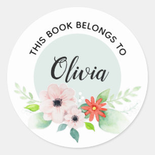 Adesivo Redondo Girls Floral 'This Book Belongs' Fllowers and Name