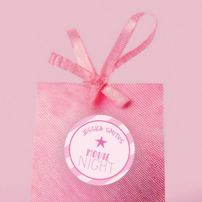 Adesivo Redondo Girls Movie Night Personalized Pink Star Party  (Criador carregado)