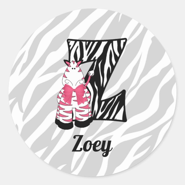 Adesivo Redondo Girls Pink Zebra Letter Z Monogrammed (Frente)