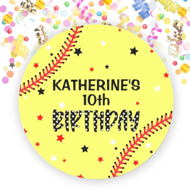 Adesivo Redondo Girls Softball Festa de aniversário (Girls Softball Birthday Party Classic Round Sticker)