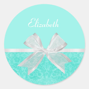 Adesivo Redondo Girly Aqua Turquoise Damask White Ribbon Com Nome