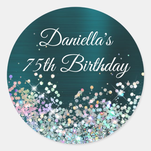 Adesivo Redondo Girly Dark Turquoise Foil Holo Glitter Birthday (Frente)