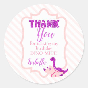 Adesivo Redondo Girly Dinosaur Pink Obrigado