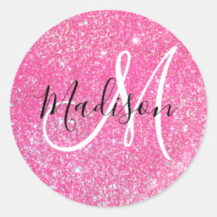 Adesivo Redondo Girly Glam Rosa Brilhante Brilho Monograma Nome