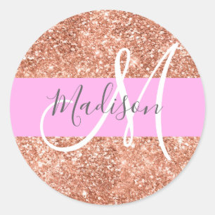 Adesivo Redondo Girly Glam Rosa Dourado Glitter Monograma Nome