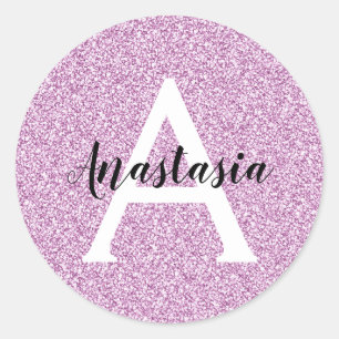 Adesivo Redondo Girly Glam Roxo Brilho Lantejoulas Monograma Nome