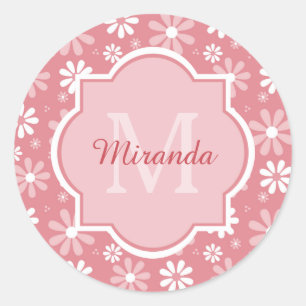 Adesivo Redondo Girly Monogramas - Flores de Margarida Rosa, Cute,