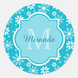 Adesivo Redondo Girly Monogramas Turquoise Daisy Flowers Com Nome