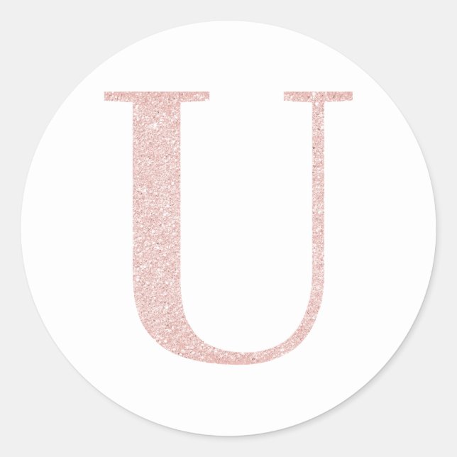 Adesivo Redondo Girly Pale Rosa Dourada Glitter Monograma U (Frente)