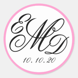 Adesivo Redondo Girly Pink, Black Três Iniciais Casamento Monogram
