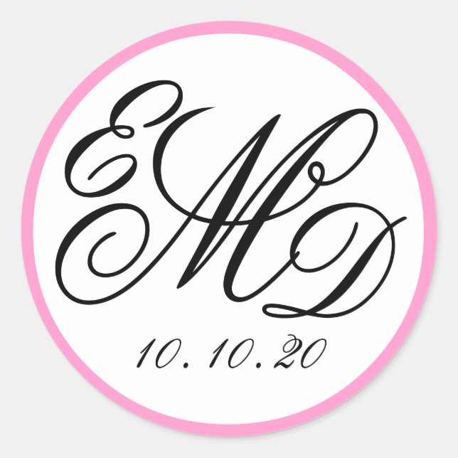 Adesivo Redondo Girly Pink, Black Três Iniciais Casamento Monogram (Frente)