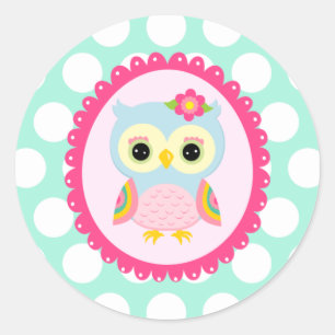 Adesivo Redondo Girly Pink Owl Flower & Rainbow Aqua Bolinhas