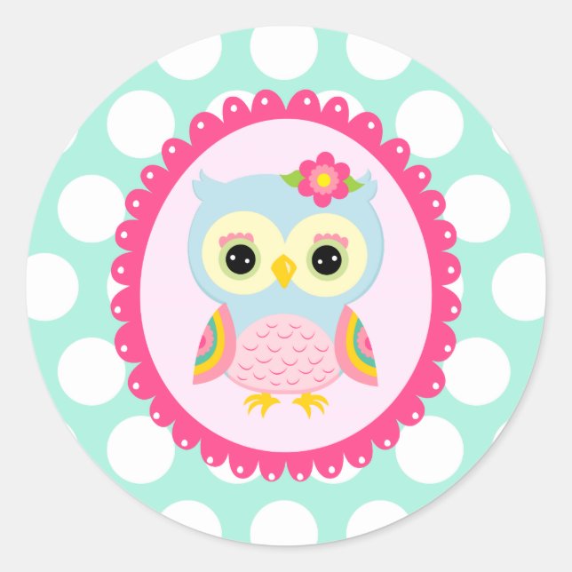 Adesivo Redondo Girly Pink Owl Flower & Rainbow Aqua Bolinhas (Frente)