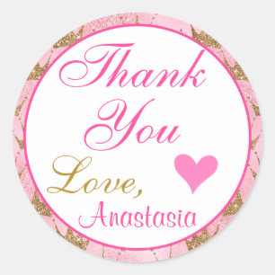 Adesivo Redondo Girly Princesa Rosa e Dourado Brilho Obrigada