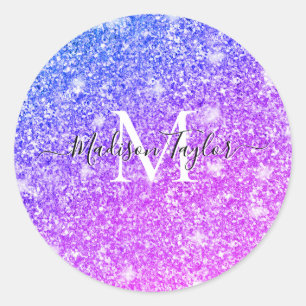 Adesivo Redondo Girly Purple e Pink Glitter Monogramas     NameCla