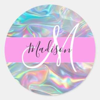 Adesivo Redondo Girly Rainbow Holographic Nome do Monograma Irides