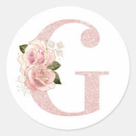 Adesivo Redondo Girly Rosa Dourado Glitter Floral Monograma G