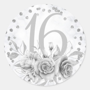 Adesivo Redondo Girly Sweet 16th Marble Glitter Silver Floral