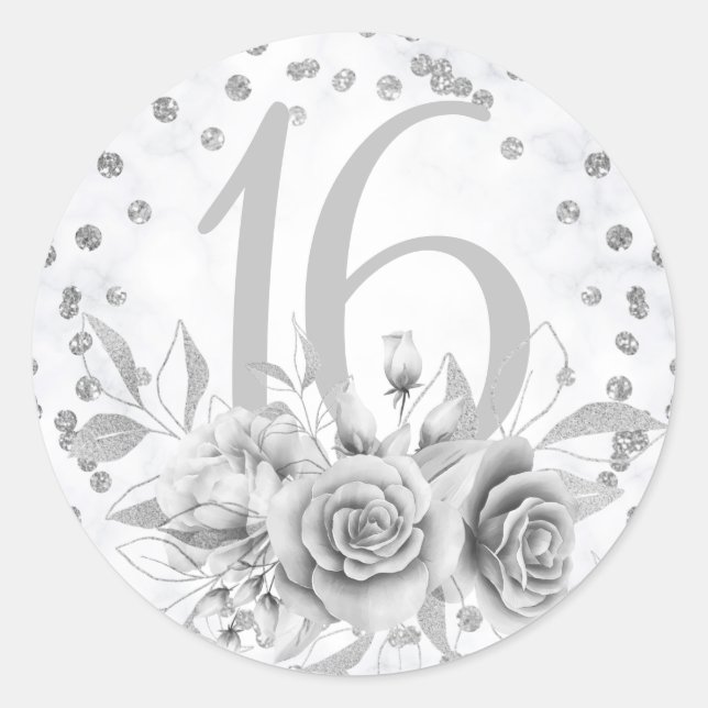 Adesivo Redondo Girly Sweet 16th Marble Glitter Silver Floral (Frente)