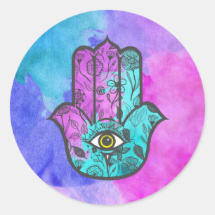 Adesivo Redondo Girly Watercolor Floral Impressão Hamsa Mão de Fát