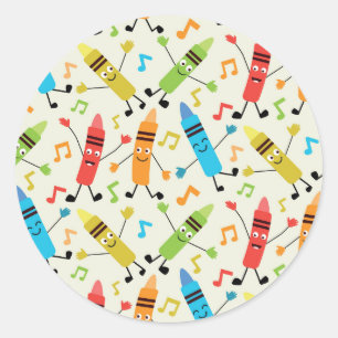 Adesivo Redondo Giz Crayons Dançantes Kawaii Com Notas Musicais