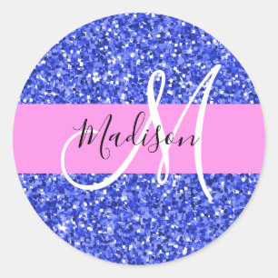 Adesivo Redondo Glam Azul Escuro Rosa Brilho Faíscas Nome Monogram