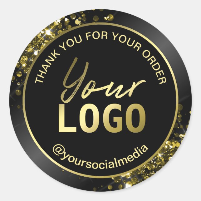 Adesivo Redondo Glam Black Dourado Glitter Obrigado Envelope (Frente)