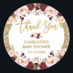 Adesivo Redondo Glam Burgundy Blush Chá de fraldas Floral<br><div class="desc">Dourado adesivo circular floreado - a redação é personalizável Apresentando uma hambódia elegante de cor d'água,  rosas cor-de-rosa-pincelado e a inscrição dourada Perfeito para casamento,  chá de panela,  soleira/festa de galinha,  chá de fraldas,  etc</div>
