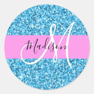 Adesivo Redondo Glam Céu Azul Rosa Brilho Faíscas Nome Monograma