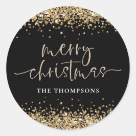 Adesivo Redondo Glam Dourado Glitter Name Merry Christmas Black
