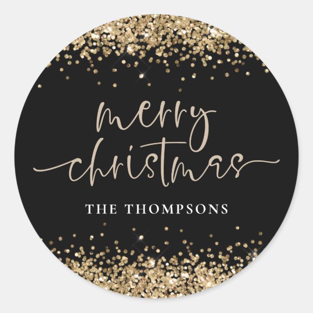 Adesivo Redondo Glam Dourado Glitter Name Merry Christmas Black (Frente)