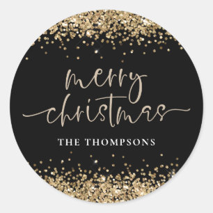 Adesivo Redondo Glam Dourado Glitter Name Merry Christmas Black