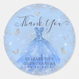 Adesivo Redondo Glam Dusty Blue Silver Gown Quinceañera Obrigado