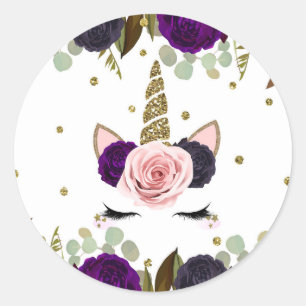 Adesivo Redondo Glam Floral Escuro Unicórnio Dourado Brilho Aniver