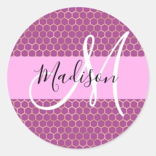 Adesivo Redondo Glam Fuchsia Metálico Rosa Favo de Mel Monograma N