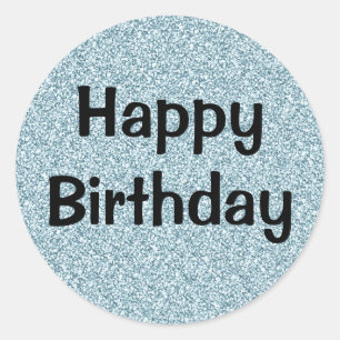 Adesivo Redondo Glam Happy Birthday Blue Silver Glitter Sparkles
