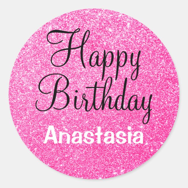 Adesivo Redondo Glam Happy Birthday - Nome do Sparkle Rosa Quente (Frente)