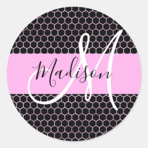Adesivo Redondo Glam Metalizado Preto Mel Rosa favo de mel Monogra