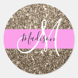 Adesivo Redondo Glam Pink Champanhe Dourado Glitter Sparkle Monogr