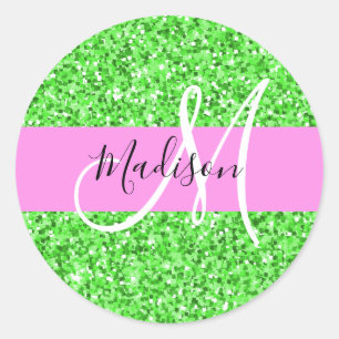 Adesivo Redondo Glam Pink e Green Glitter Desperta Nome do Monogra