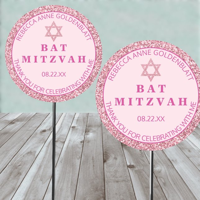 Adesivo Redondo Glam Pink Obrigado Chic Bat Mitzvah (Easy to personalize pink glam Bat Mitzvah thank you stickers on parade)