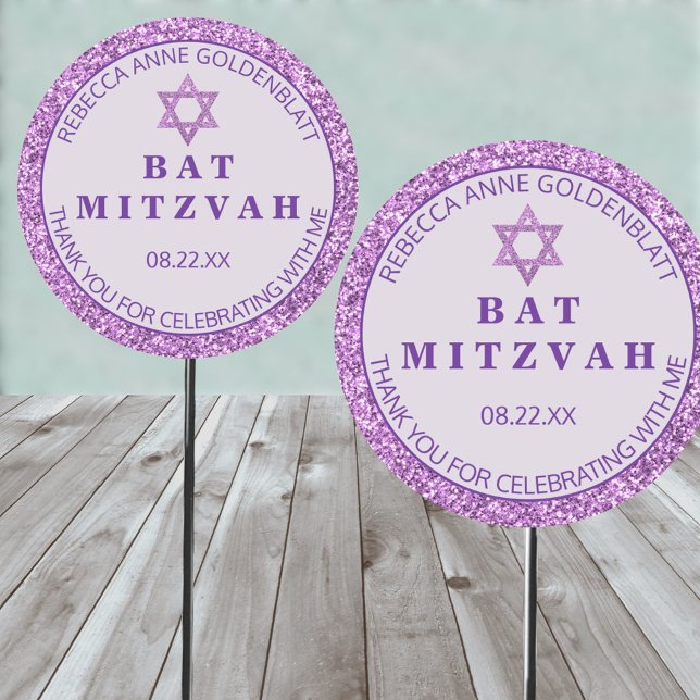 Adesivo Redondo Glam Purple Obrigado Chic Bat Mitzvah (These purple faux glitter Bat Mitzvah round stickers are easy to personalize)