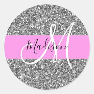 Adesivo Redondo Glam Rosa e Brilho de Glitter Monograma Nome