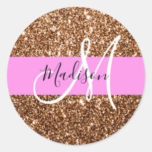 Adesivo Redondo Glam Rosa e Bronze Brilho Faíscas Monograma Nome