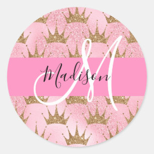 Adesivo Redondo Glam Rosa e Dourado Brilho Faíscas Coroas Monogram