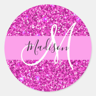 Adesivo Redondo Glam Rosa e Glitter Magenta Brilho Monograma Nome