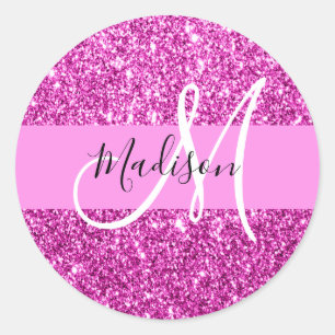 Adesivo Redondo Glam Rosa e Glitter Magenta Brilho Monograma Nome